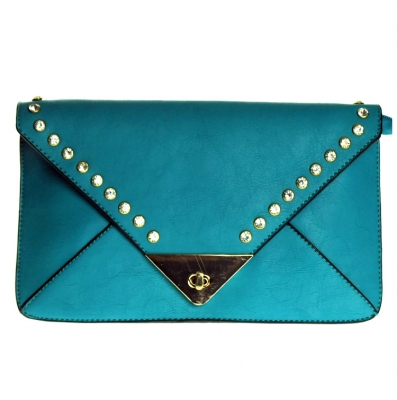 Designer Inspired Leatherette Clutch w/ Rhinestone Pattern and Twist Lock Closure.